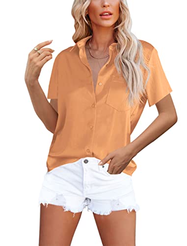 OMSJ Women's Button Down Shirts Satin V Neck Short Sleeve Casual Work Blouse Tops with Pocket (1207L, S-Orange)