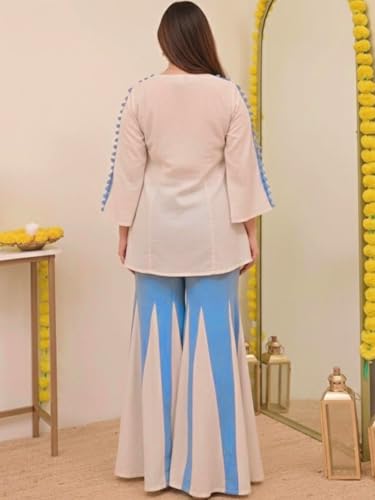 Image of Leriya Fashion Women's Kurta Set with Palazzo | Ethnic Kurtis Palazzo Set for Women | Crew Neck Embroidery Kurta Set with 3 /4 Sleeve | Cotton Ethnic Traditional Straight Kurti Set for Everyday Outfit