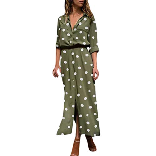 Vestido Largo Elegante Mujer, JORICH Mujer Vestidos Lunares Largos Casual Camiseros Manga Larga Botón Vestido De Fiesta De Noche Casual Vintage (Verde Ejército, XL EU:40 Bust:110cm/43.31'')