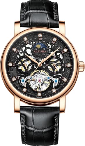 Image of ALTURA Celestial Series Automatic Skeleton Analog Watch For Men|3D Hollow Dial,Diamond Embellishment,Day /Night Subdial,Flywheel,Transparent Back,Leather Strap|Gift For Men