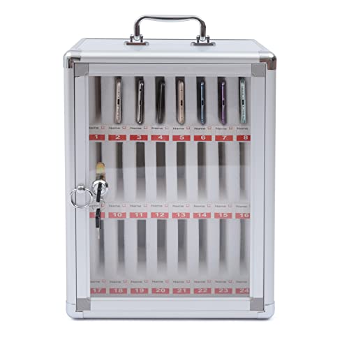 COFECO Cell Phone Storage Locker, 24 Slots Aluminum Alloy Pocket Chart Storage Cabinet with Door Locks, 2 Keys and Label, Wall Mounted Cabinet Pocket Office Gym Box, by Hand, Clear