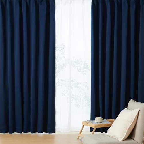 クモリ(Kumori) カーテン 4枚セット 遮光度99.99% 1級 遮光カーテン しっかり厚手 断熱 遮熱 防寒 防音 形状記憶加工 UVカット 遮像 節電効果 省エネ 洗濯可能 無地 寝室 リビング アジャスター フック付き(幅100cm×丈178cm・厚地2枚&レース2枚・ネイビー)の画像