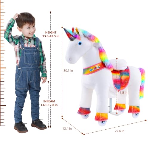 Wonderides Ride On Rainbow Unicorn Toys For Girls Ride On Horse Riding Pony Cycle Toy For Toddlers For 3-5 Yrs Old (Size 3,30.1 Inch) Plush Walking Horse Rocking Mechanical With Wheels-Multicolor