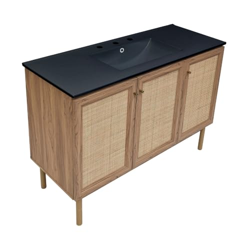Image of Swiss Madison Classe 48 in. Brown Oak Bathroom Vanity with Black, 3-Hole Ceramic Sink Top