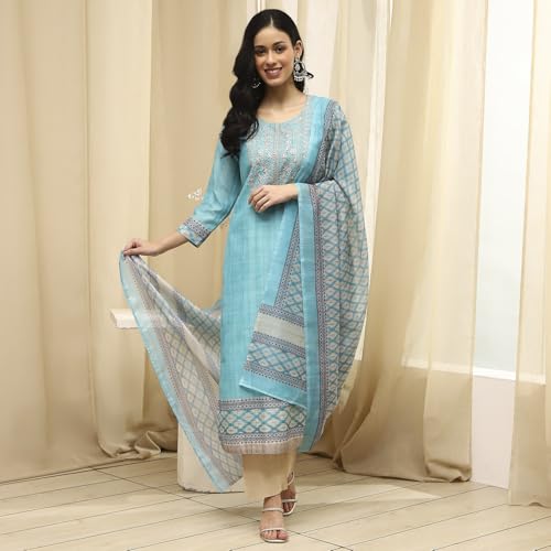 Image of BIBA Women Beige Cotton Machine Embroidered Unstitched Suit Set