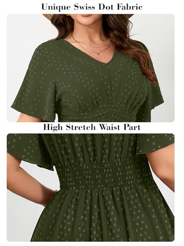 Image of RWJ Women's Plus Size Maxi Dress V Neck Short Sleeve Swiss Dot A Line High Waist Boho Swing Casual Summer Dresses