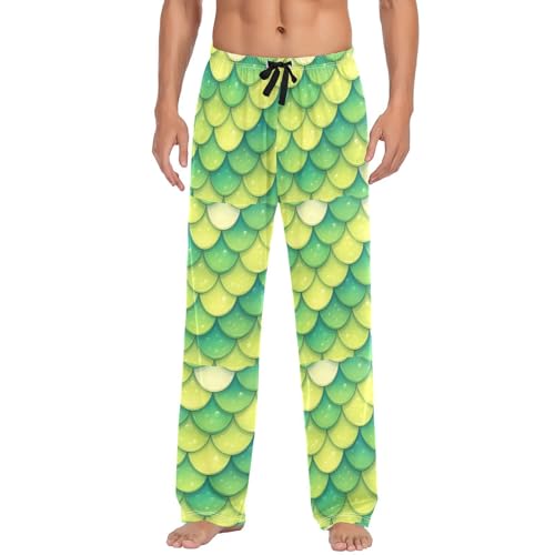 Men's Green Mermaid Scale Pajama Pants with Pockets - Straight Fit Cotton Sleep Bottoms for Lounge & Nightwear#8352