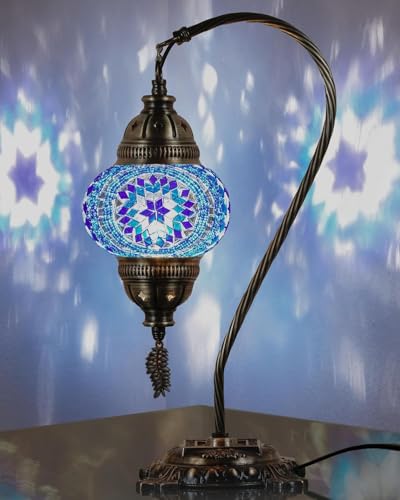 DEMMEX Lampe de table en mosaïque marocaine turque – Fabriquée à la main – Style Tiffany – Col de cygne en verre coloré – Lampe de chevet, de...
