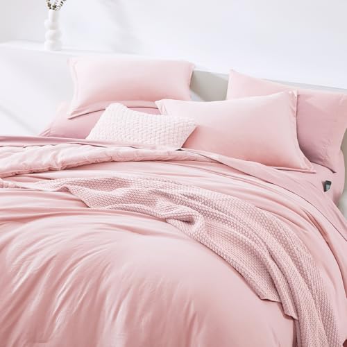 Image of Queen Comforter Set-7 Pieces Soft Prewashed Bed in a Bag Queen Bedding Sets | All Season Comforter with Sheets, Pillow Shams & Pillowcases, Soft Pink