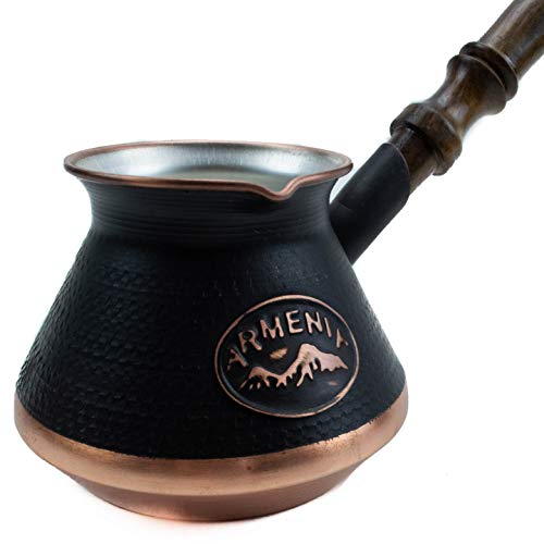 Handmade Armenian Coffee Pot Maker 9.1 Fl Oz Copper Jazva Ararat Turkish Arabic Greek Cezve Jezve Ibrik Turka Jazve Wooden Handle (3 Cup (9 US fl.oz))