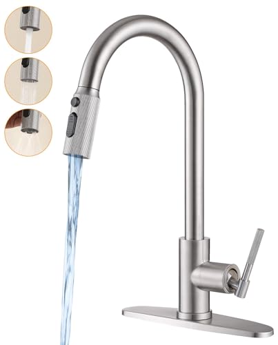 Image of Kitchen Faucet with Pull Down Sprayer, Brushed Nickel Stainless Steel Single Handle Kitchen Sink Faucet with 10 inch Deck Plate, 3 Spray Modes, RV Kitchen Faucet for Camper, Outdoor