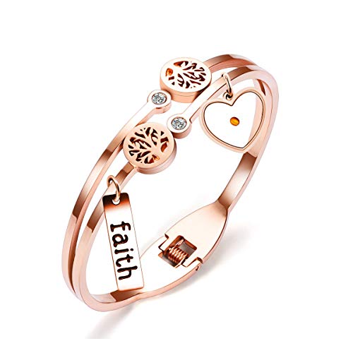 Image of Uloveido Rose Gold Plated Tree Of Life Bangle Cuffs Faith Mustard Seed Pendant Charms Open Bracelet for Women Y1028