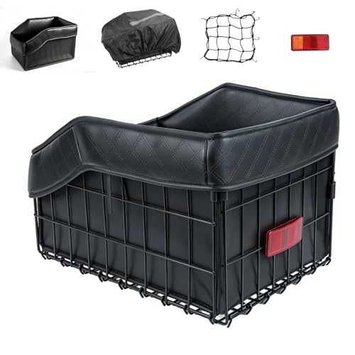 Anhow Cesta Trasera Bicicleta, Cesta para Bicicleta XXL Jumbo Pro, Cesta Plegable con Red para Equipaje, Forro de Piel Sintética, Funda y Material de Fijación para Portaequipajes de Bicicleta