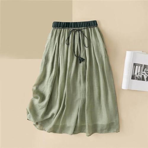 Generic Cotton Linen Midi Skirts for Women Elastic Waist Drawstring A-Line Skirts Color Block Casual Loose Long Skirts2