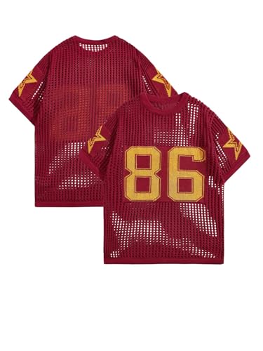 Verdusa Men's Jersey Shirt Crochet Tops Short Sleeve Letter Print Vintage Lightweight Pullover Sweater Red X-Large