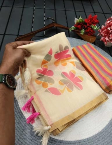 Image of Women's Linen Cotton Blend Saree Multicolor Ikat Brush Print Scalloped Border with Floral Print Unstitched Blouse Piece