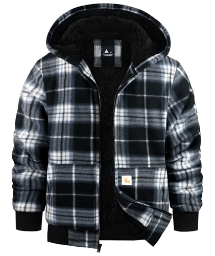 Image of GEEK LIGHTING Boys Flannel Jacket Sherpa Lined Hoodies Zip Up Fleece Plaid Shirt Jackets Winter Outdoor Coat Warm