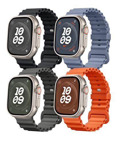 4 Pack Ocean Bands Compatible with Apple Watch Ultra Band 49mm 45mm 44mm 42mm Men Women, Soft Silicone Straps Sport Rugged Smartwatch Replacement for IWatch Ultra Ultra 2 Series 9 8 7 6 5 4 3 2 1 SE