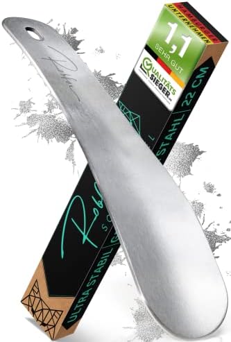 Robfox Small Shoe Horn I 22 cm Long & Extra Stable I Brushed Metal I Shoe Horn Small Stainless Steel I Compact Shoe Dressing Aid I Shoe Puller Short I Small Children’s Shoe Horn