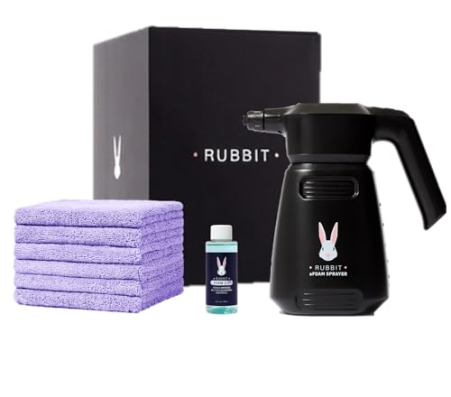 Rubbit Electric Plus Trial Kit Waterless Car Wash Kit Rechargeable Electric Sprayer Foam 2.0 Solution (1 Free Wash) 6 Reusable Microfiber Towels Car Cleaning Supplies 8 Piece Auto Cleaning Kit