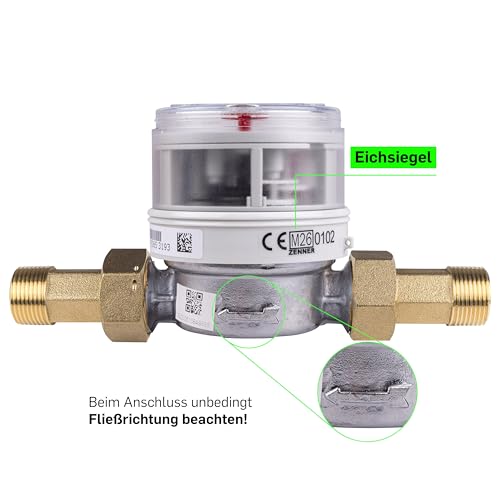 Zenner Wasserzähler 1/2 Zoll, Kalt- und Warmwasser, 80 mm Baulänge, mit Verschraubung und Dichtungsset,Eichung 2026 mit Kennzeichnung \ CE M26 0102\ Seitlich am Zähler.