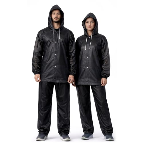 Image of ROBUSTT Unisex EVA Rainsuit Jacket & Pant Set (Pack of 1)| Black | Waterproof Raincoat for Men & Women | Hooded Full Body Rain Protection | Lightweight, Reusable Rain Wear for Bike & Outdoor Use