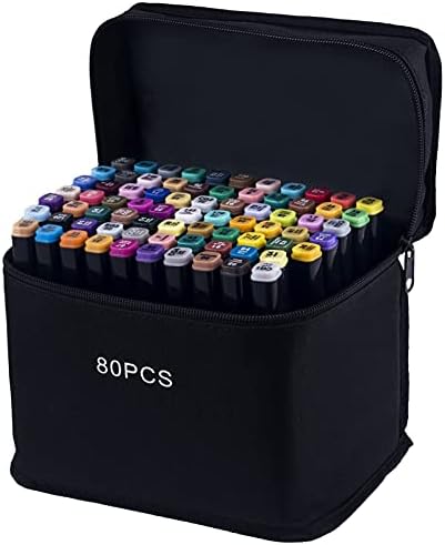 sanipoe 80 Colors Markers Pen, Dual Tip Permanent Sketch Markers - Ideal for Artists Adults Kids Drawing Crafts Gifts - Carry Case for Storage and Travel, Black
