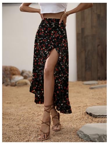 WDIRARA Women's Boho Floral Print Ruffle Maxi Skirt High Waisted Split Long Skirts4