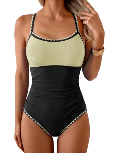 Image of Eomenie Women's One Piece Swimsuit Tummy Control Slimming Bathing Suit Ruched Swimwear Tie Back Shell Stitch Swim Suit