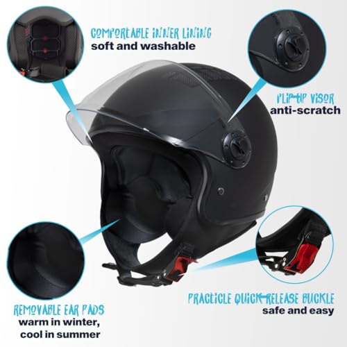 VINZ Como Jethelm mit Visier ECE 22.06 Zertifiziert | Roller Helm Mopedhelm Für Motoroller & Vespa | Herren & Damen | Motorradhelm in XS-XL | Erhältlich in 4 Farben - Matt Schwarz