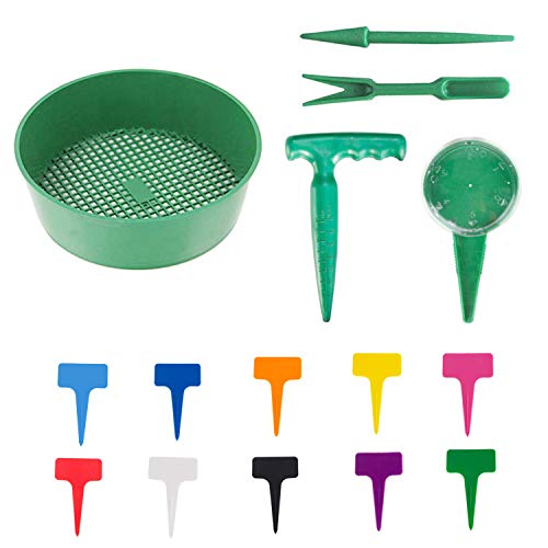 15 Pcs Garden Hand Tool Plant Sets Garden Sieve Mesh Seedling Tools- Seed Sower Sifting Pan Pistol Grip Dibber Plant Tags Transplanter and Widger