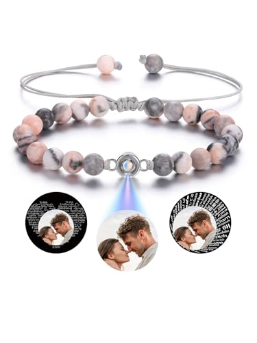 JOVIVI Bracciale da Donna Proiezione con Foto Personalizzata Bracciale di Cristallo e Pietra Ciondolo Proiettato Personalizzato Immagine Memoriale Regolabile Regalo Coppia - Rotondo Diaspro Zebra Rosa