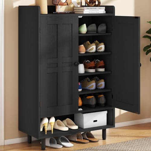 Hawthyhome Schwarzer Schuhschrank aus Holz mit Türen Shoe Cabinet für mehrere Familienmitglieder 7+1 Ebenen Flurschrank mit großem Fassungsvermögen Schuhkommode für Wohnzimmer 75 × 35 × 115 cm