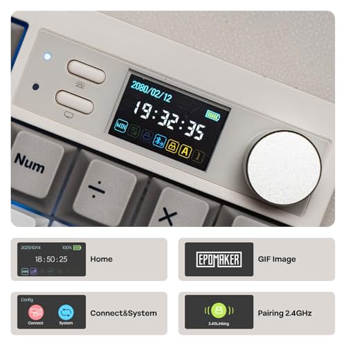 EPOMAKER QK108 フルサイズゲーミングキーボード 画面 ノブ付き ワイヤレス8000mA QMK/VIA対応 クリーミー コトコト ガスケット構造 RGBバックライト ホットスワップ Macキーキャップ 2.4Ghz Bluetooth ワイヤレスメカニカルキーボード (Sea Salt Silent)