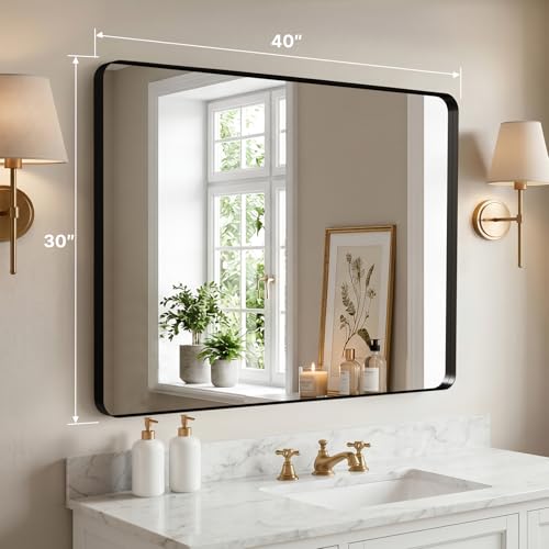 Image of 40 inchx30 inch Bathroom Vanity Mirror for Wall Aluminum Framed Farmhouse Rectangle | Anti-Rust, HD Reflection Anti-Desilvering, Distortion Free, Tempered and Shatter-Proof Wall Mounted Mirror, Black