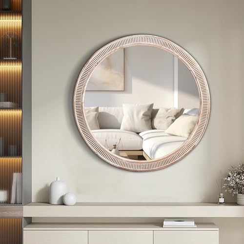 HOITUZYUS 30 Inch Round Wood Mirrors for Wall Decor, Rustic Farmhouse Circle Decorative Mirror for Bathroom, Living Room, Foyer, Entryway, Bedroom