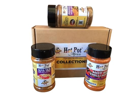 Hot Pot Africa – Pack de 3 cajas: Suya BBQ, chile picante, sopa de pimienta y Yaji. Regalo navideño perfecto para amantes de la cocina y sabores africanos.