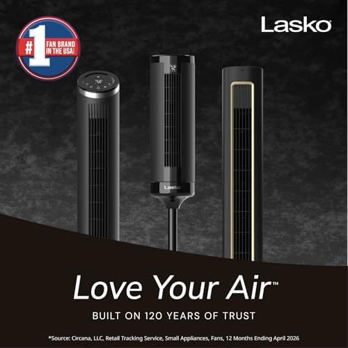 Image of Lasko Elevation Tower Fan for Bedroom, Office, and Living Room - 42 inch-54 inch Adjustable Height Cooling with 31 ft /s Airflow and 90 Oscillation- Quiet 28 dB Operation - Remote Control - Black