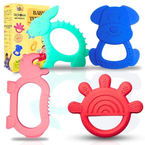 Image of Cute Shape Soft Silicone Teether for Baby Gums, Teething Toys for Babies, BPA Free Pain-Relief Non-Toxic, 100% Food Grade, Soothing Easy to Grasp Chewable - Rhino+Hand+Dog+Rabbit (Pack of 4)