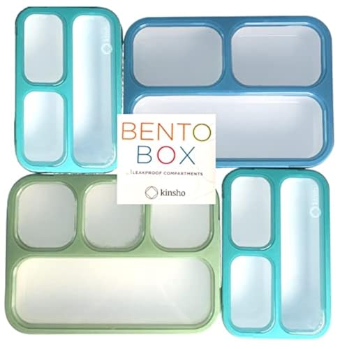 kinsho Bento-Box Lunch and Snack Boxes. Family Pack of 4 Meal Planning Portion Containers For Kids, Women, Adults. BPA Free. Utensils, Blue & Green Set (2 large + 2 Mini)