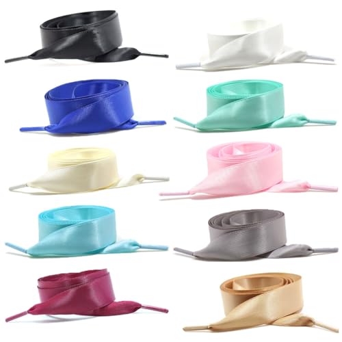 LEEQ 10pcs Cordones de Zapato de Raso Planos para Damas - Cordon Ancho Cordones Colores, Cordones de Raso Largos Planos y Poco Profundos Zapatos Deportivos Correr montaña al Aire Libre