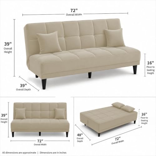 Image of Adorn India Alyssum 3 Seater Sofa Cum Bed 4X6 Velvet 2 Cushions (Color Beige) and Suitable for All Indoor, with 3 Years Warranty