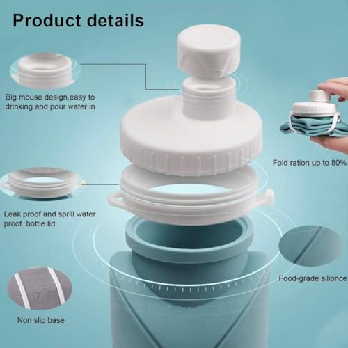 Image of 600ml Folding Silicone Water Bottle for Travel, Gym, Hiking, Camping with Leak-Proof Lid Space-Saving Portable Bottle (Grey 2PC)
