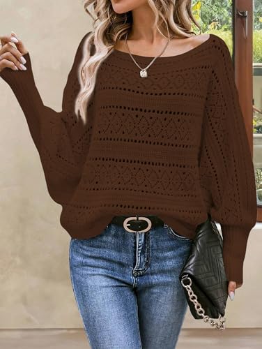 Image of Cakulo Womens Off Shoulder Sweater Top Fall Outfits Fashion 2025 Oversized Knit Batwing Long Sleeve Crochet Pullover Sweaters