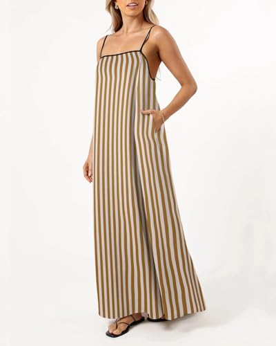 Image of Senllen Women's Linen Dress Summer Loose Flowy Sundress Contrast Spaghetti Strap Sleeveless Backless Beach Maxi Long Dresses