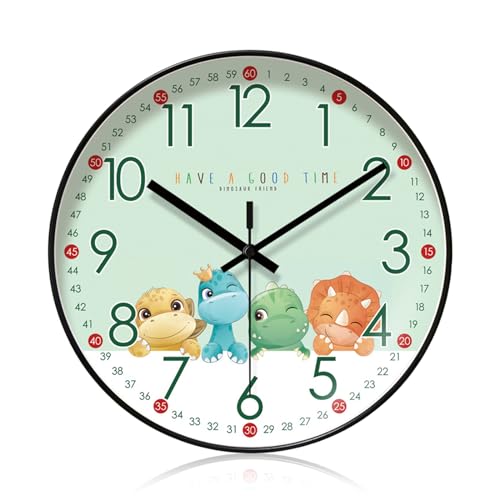 MEGYAD Reloj de pared de dinosaurio para niños: reloj de pared de 10 pulgadas para habitación de los niños, reloj de pared silencioso de cuarzo para niños, reloj de pared infantil de dinosaurio para