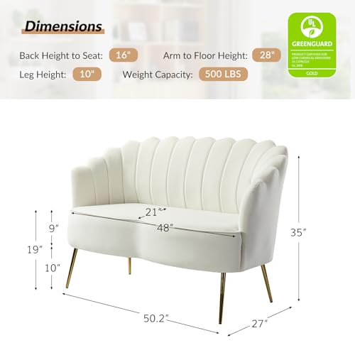 Image of HULALA HOME Velvet Loveseat Sofa with Gold Legs, Modern 2-Seater Sofa for Living Room Bedroom, Comfy Upholstered Small Love Seat Couch, Flower Shaped Back, Ivory