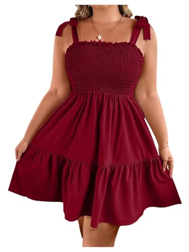 Image of Floerns Women's Plus Size Summer Knot Tie Shoulder Ruffle Straps Flounce Flowy Smocked Sundress Shorts Dress