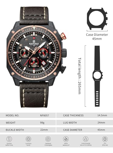 Image of NAVIFORCE NF8057 Square Vintage Military Chronograph Genuine Leather Analog Watch