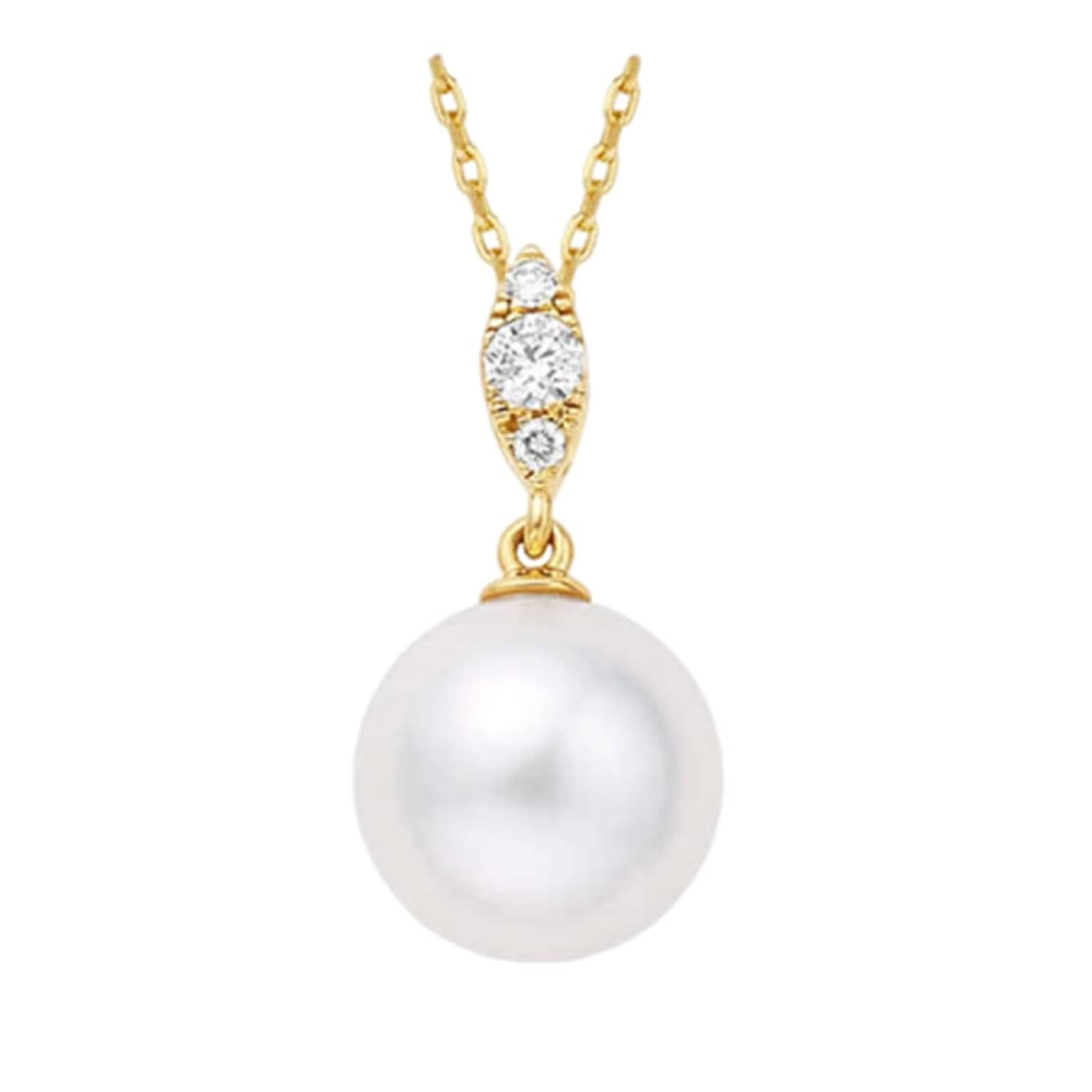 Naszyjnik damski, długi, damski łańcuszek na szyję, 8,5 mm, perła ze szlifem okrągłym 0,06 ct, diament 9K żółte złoto 45 cm